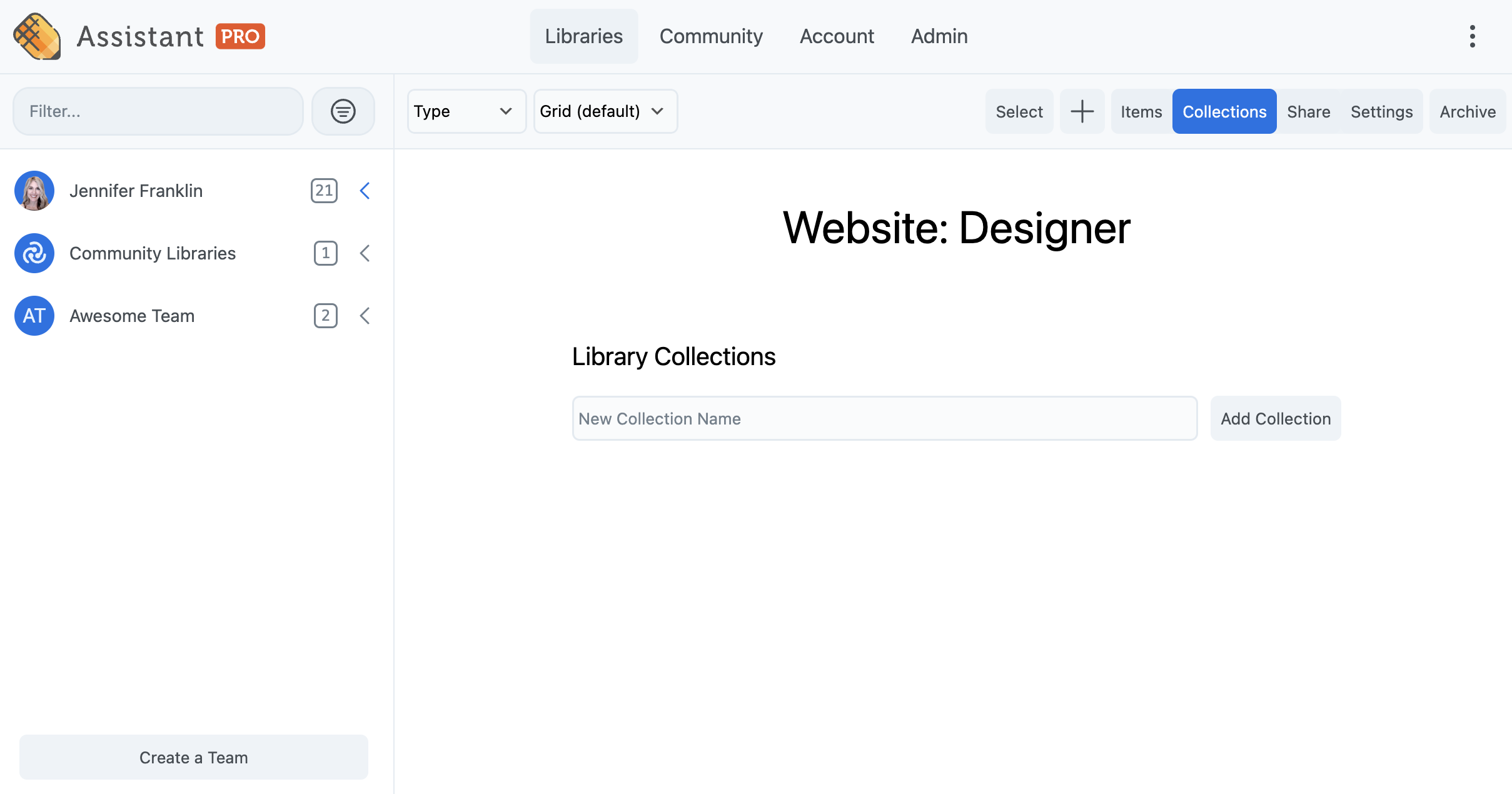 Assistant Pro organize library content into collections