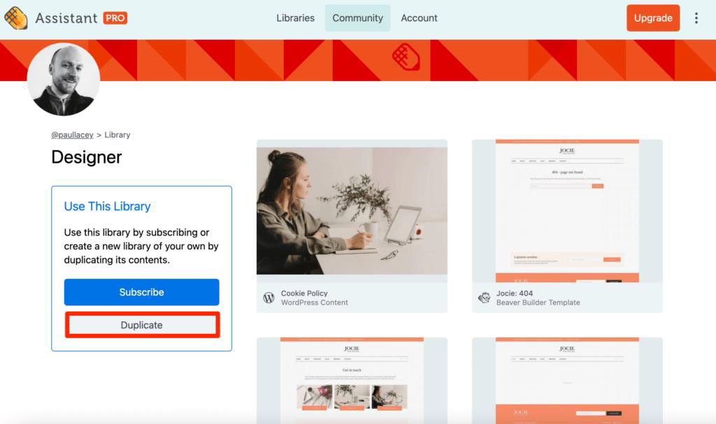 Assistant Pro for bloggers. Duplicate a Community library.