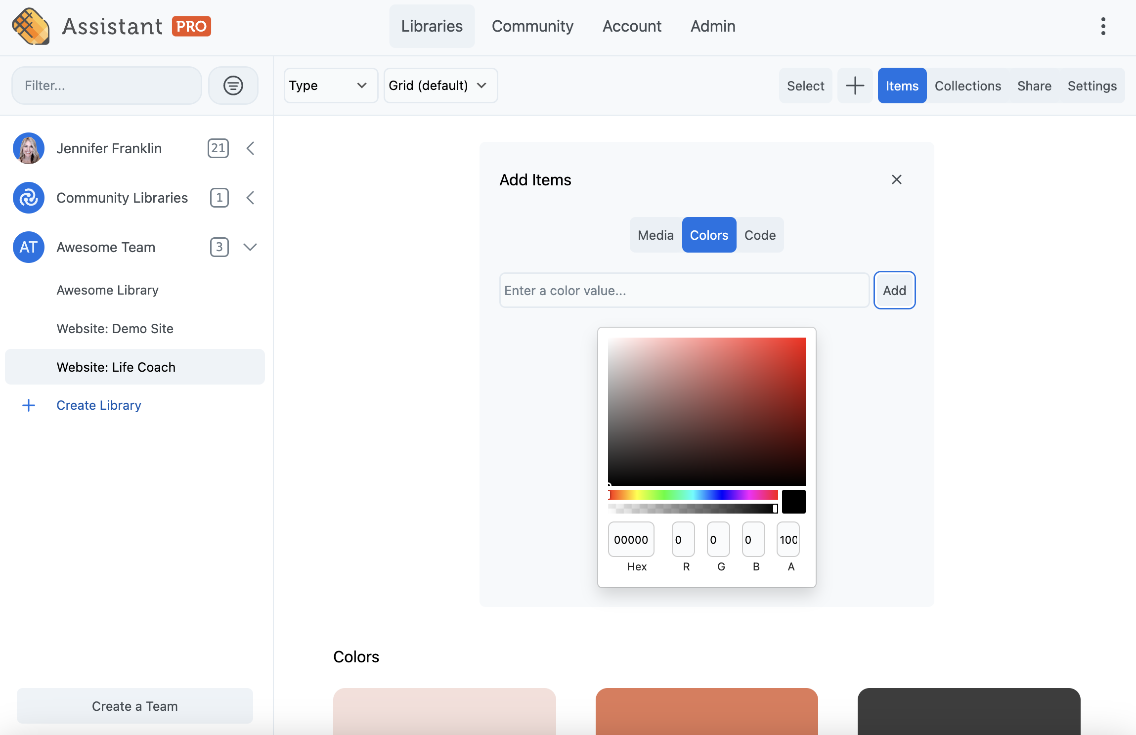Assistant Pro add colors to library