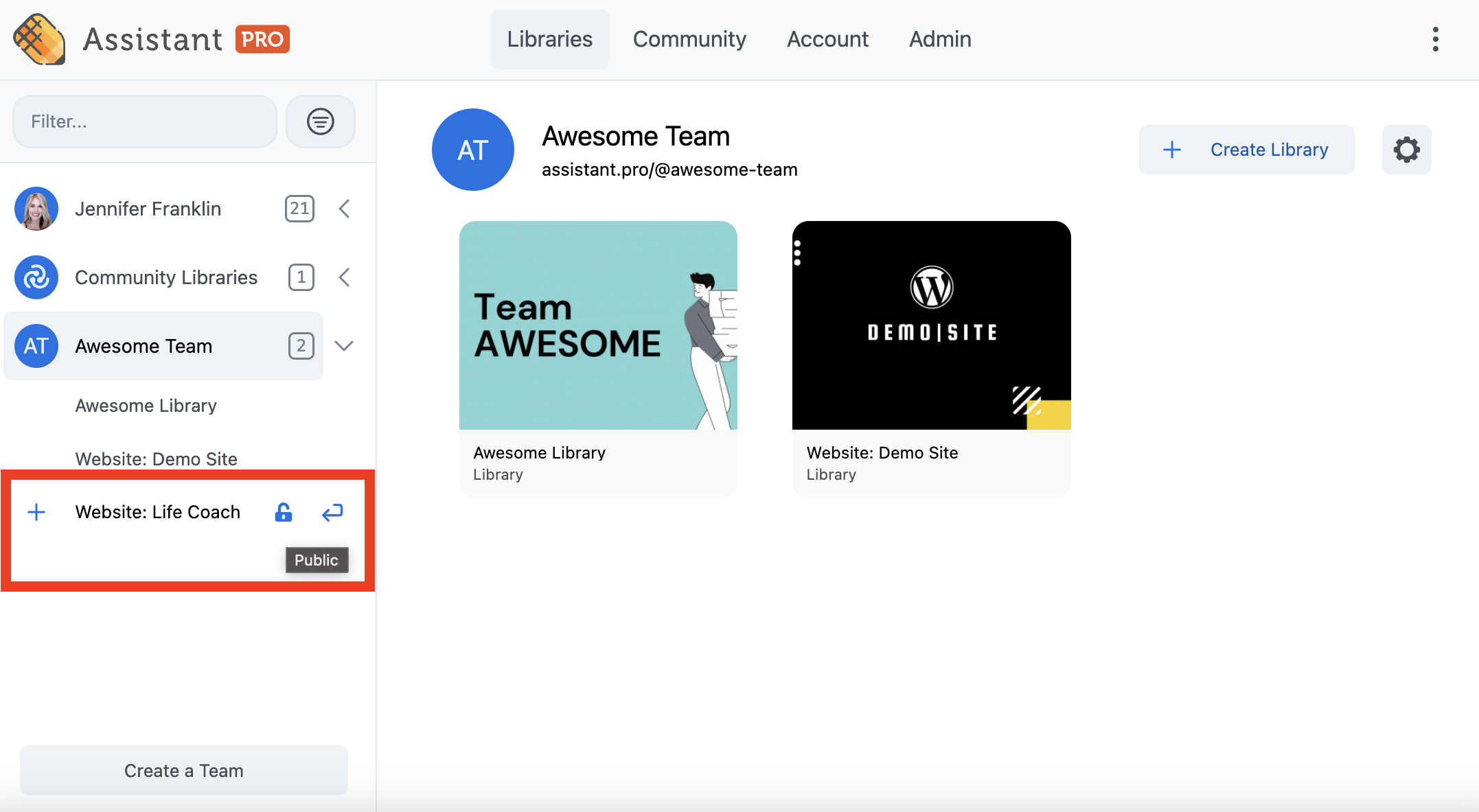 Assistant Pro create a library and enter a name