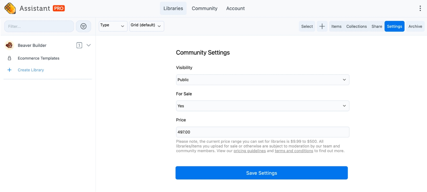 Assistant Pro Community Settings list library for sale